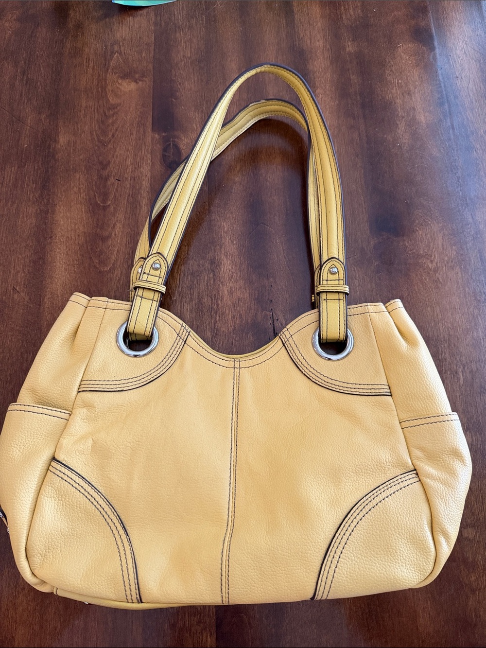 Tignanello Mustard Yellow Leather Shoulder Bag with Double Straps